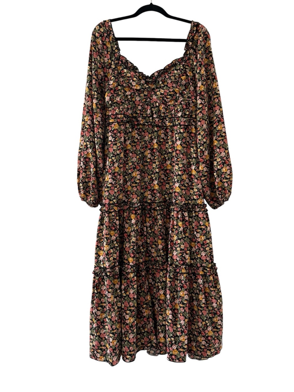 Altar’d State Black Floral Tiered Midi Dress with Puff Sleeves